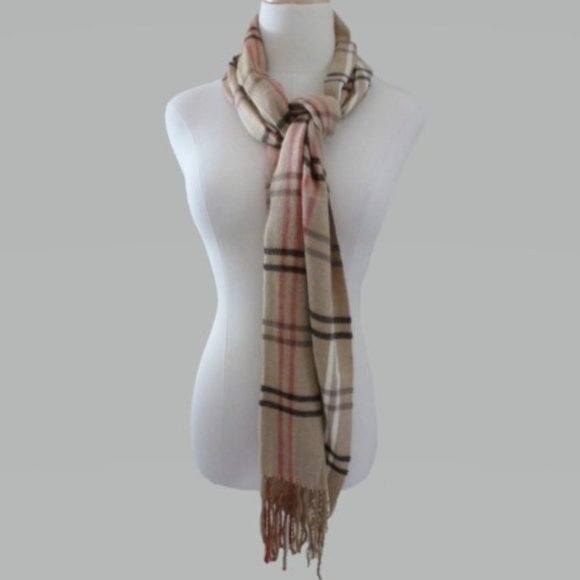 Cejon Tan Plaid Scarf with Fringe - Picture 1 of 4
